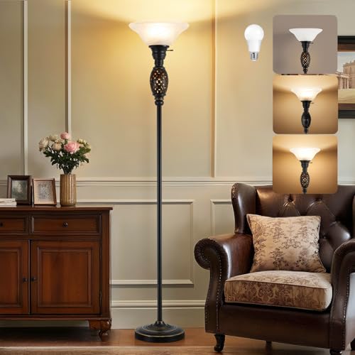 Luvkczc 70" Floor Lamp for Living Room with Nightlight, Glass Shade, Black | Bulb Included, Vintage Floor Lamp with Rotary Switch, Rustic Standing Lamp for Bedroom Study Home Office Corner - color: Black