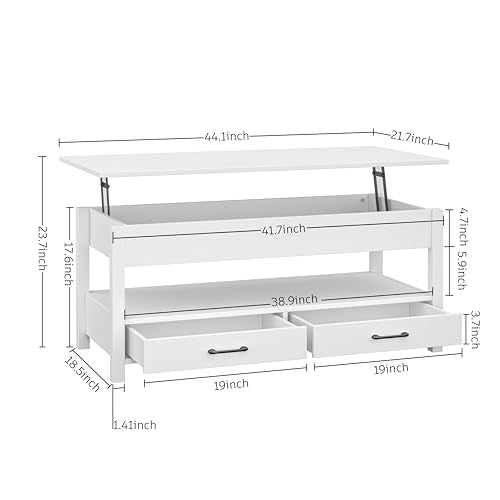 Panana Coffee Table, Lift Top Coffee Table with Hidden Compartment, 2 Drawers and 1 Open Shelf, Retro Central Wooden Table Lift Tabletop for Living Room (White) - color: White