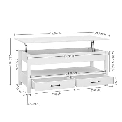 Panana Coffee Table, Lift Top Coffee Table with Hidden Compartment, 2 Drawers and 1 Open Shelf, Retro Central Wooden Table Lift Tabletop for Living Room (White) - color: White