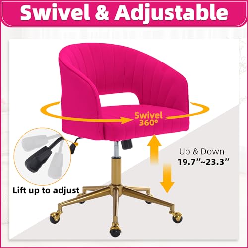 Desk Chair with Wheels, Gold Base, Velvet Accent Vanity Armchair, Hot Pink | Spacious‌ Soft Seat, Swivel Height Adjustable, Rocking Function, Modern Stripe for Girls &Women Bedroom Makeup or Nail - color: Hot Pink Velvet