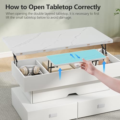 Turosur 40" Lift Top Coffee Table, Coffee Tables with Storage and 4 Drawer, Coffee Table with Lifting top with LED Lights for Living Room Home Office - color: White