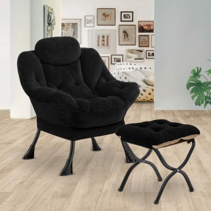 Lazy Chair with Folding Ottoman,Leisure Sofa Chair,Soft Fabric Armchair with Armrests and Side Pockets, Reading Chair with Footrest for Living Room, Bedroom, Office (Plush Black) - color: Plush Black