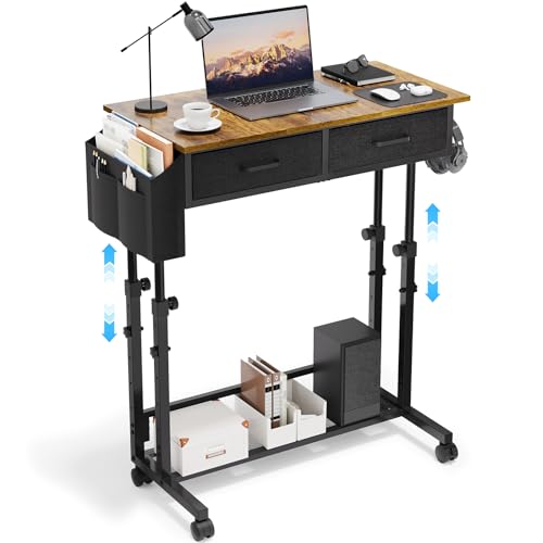 Small Rolling Standing Desk, Height Adjustable Mobile Sturdy Desk with 2 Fabric Drawers & Storage Shelf, Portable Sofa Side Laptop Table for Home Office, Small Spaces, 31.41"" x 15.74"", Rustic Brown - color: Rustic Brown