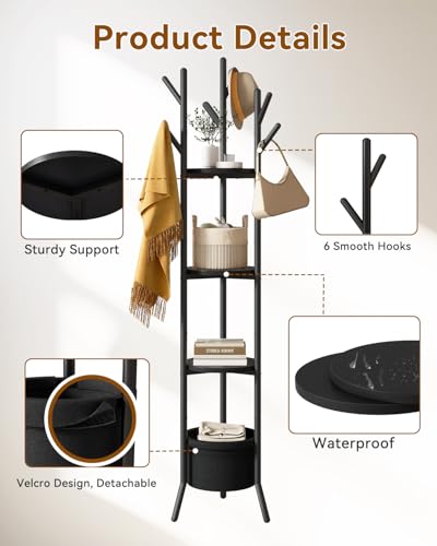 YMYNY Coat Rack, Freestanding Coat Stand with Storage Shelves, Hall Trees with 3 Wooden Shelves and 1 Fabric Basket, Metal Clothes Stand for Hats Bags Hallway Bedroom Black UHGR005B - color: Black