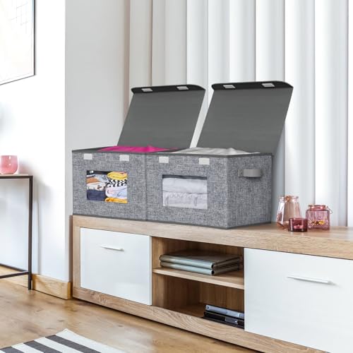 Univivi Fabric Storage Bins with Lids for Clothes 4 Pack, Grey Linen | 17 x 12 x 12 In Foldable Storage Boxes with Handles, Clear Window, Closet Organizers for Home, Bedroom - color: Linen Grey