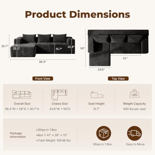 Modular Boneless L-Shaped Couches for Living Room with Side Pockets | Modern Sectional Boneless Corduroy Fluffy Couch Sofa with Deep Seat and Non-Slip Base, No Assembly, Black - color: Black, size: L-Shaped