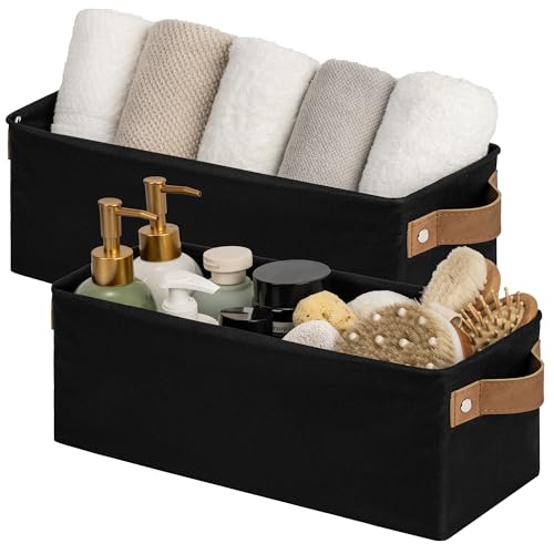 StorageWorks Narrow Storage Bins, Toilet Paper Storage, Black, 2-Pack | With Metal Frame, Reinforced PU Handles, Sturdy Structure, For Bathroom, Closet, Shelf, Storage Makeup, Socks, Underwear - color: Black, size: 15"L x 6"W x 5"H