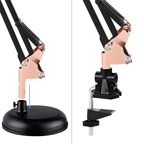 PowerKing Metal Swing Arm Desk Lamps with Base & Clamp, Black Rose Gold | Adjustable Architect Lamp, On Off Switch, Fits E26 E27 Bulbs, Eye-Caring Reading Light, for Home Office Work Study - color: Black Rose Gold