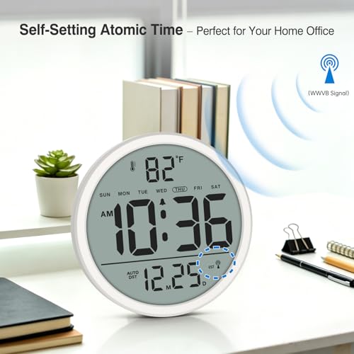 Digital Atomic Wall Clock Battery Operated, 8 Inch Large Display | Never Needs Setting Clock with Date and Temp, Auto DST, Self-Setting Time, Easy to Read for Bedroom, Living Room, Office - color: White