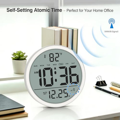 Digital Atomic Wall Clock Battery Operated, 8 Inch Large Display | Never Needs Setting Clock with Date and Temp, Auto DST, Self-Setting Time, Easy to Read for Bedroom, Living Room, Office - color: White