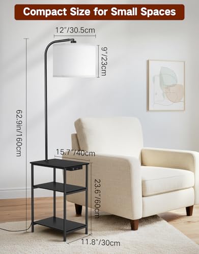 Floor Lamp with Table & Remote, Side End Table with Charging Station, Dimmable Nightstand with 3 Color Temperatures, 1-Hour Timer, 12W LED Bulb, for Living Room, Bedroom(Black) - color: Black