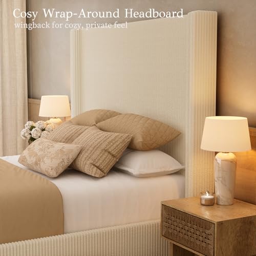 Queen Bed Frame with Lift Up Storage, 51.2" Tall Headboard and Upholstered Wingback Platform Bed Frame, Hydraulic Support, No Box Spring Needed, Beige Corduroy - size: Queen (U.S.Standard)