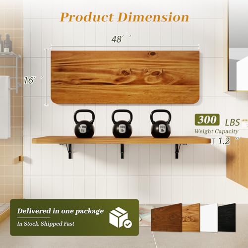 Dogsky 48" x 16" Floating Wall Desk, Fold Down Wall Table - 300 lbs Heavy Duty Solid Pine Wall Mount Folding Desk for Home Office, Laundry Room, Kitchen & Small Apartment, Burning Yellow - color: Burning Yellow, size: 48'' x 15.7'' x 8.3''