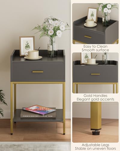 Masupu Gray Nightstand,3-Tier Modern Bedside Table Night Stand with Storage Drawer and Shelf,Small End Side Table for Bedroom,Living Room,(Without Outlet,) - color: Grey