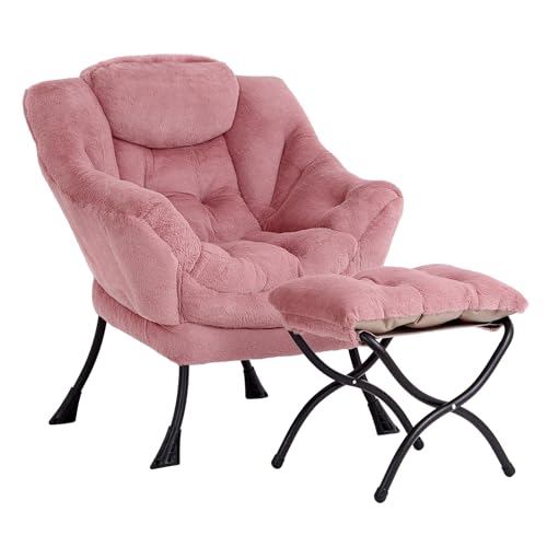 Modern Lazy Chair with Ottoman Lounge Accent Reading Chair for Living Room | Foldable Footstool,Removable Cover,Soft Padded Seat & Backrest,Upholstered Comfy Chair for Bedroom,Dorm,Office,Small Space - color: Plush Dark Pink