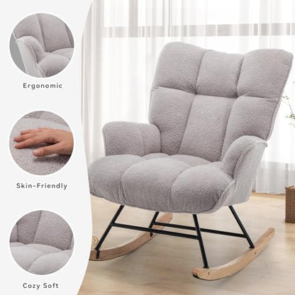 Rocking Chair Nursery Teddy Upholstered Glider Rocker Rocking Accent Chair Padded Seat with High Backrest Armchair Comfy Side Chair for Living Room Bedroom Offices (Grey Teddy) - color: Grey