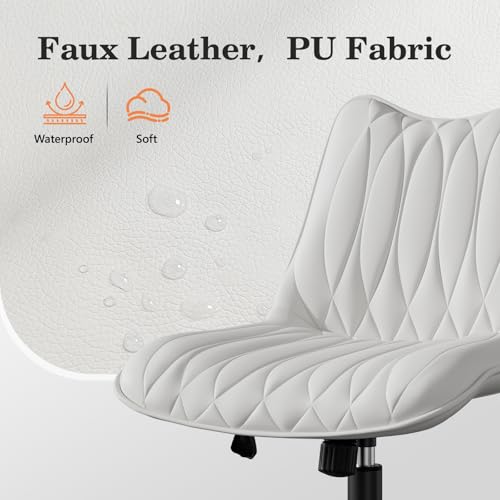 Armless Office Chair, Swivel Rolling Leather Desk Chair, White | Waterproof Upholstery, Padded Seat, 15° Relaxing Tilt, 330 LBS Capacity, for Bedroom Vanity and Computer Work - color: White