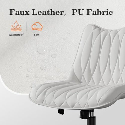 Armless Office Chair, Swivel Rolling Leather Desk Chair, White | Waterproof Upholstery, Padded Seat, 15° Relaxing Tilt, 330 LBS Capacity, for Bedroom Vanity and Computer Work - color: White
