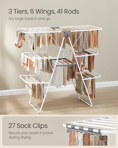 SONGMICS Clothes Drying Rack, Foldable 3-Level Laundry Rack, Free-Standing Large Drying Rack, with Height-Adjustable Wings, 39 Drying Rails, Sock Clips, White and Gray ULLR054W01 | Large Free-Standing Laundry Rack, Height-Adjustable Wings, White and Gray,