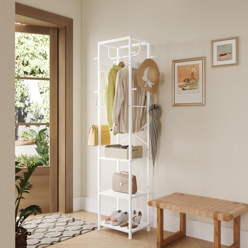 ELYKEN Coat Rack Freestanding, Hall Tree with 3 Shelves and 12 Hooks, White | Industrial Metal Frame, Space-Saving Design, Clothes Rack Stand Organizer for Bedroom, Hallway, Entryway, Office, Living Room - color: White