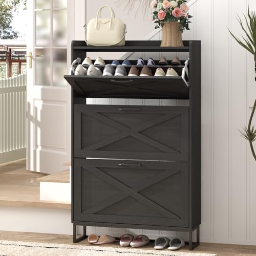 Maupvit Shoe Storage Cabinet with 3 Flip Drawers, Freestanding Organizer with Metal Legs for Entryway, Narrow Shoe Rack Cabinet, Black - color: Black, style: 3-Drawers