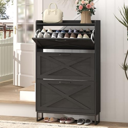 Maupvit Shoe Storage Cabinet with 3 Flip Drawers, Freestanding Organizer with Metal Legs for Entryway, Narrow Shoe Rack Cabinet, Black - color: Black, style: 3-Drawers