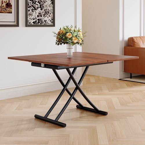 Adjustable Height Coffee Table, 4-in-1 Folding Dining Table, Walnut | Convertible lift top table for use as a coffee table, dining table, home office desk or vanity - color: Walnut & Black Legs