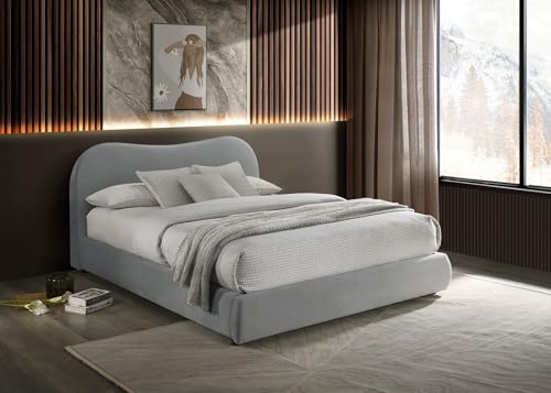 Light Gray Finish 1pc Queen Size Bed Low Profile Upholstered Bed Wooden Legs Curved Headboard Contemporary Bedroom Furniture