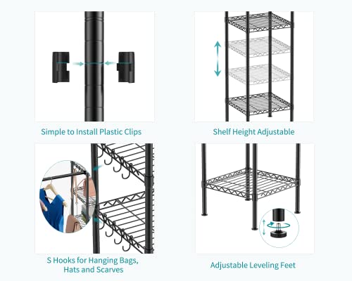 M1 Closet Storage Organizer System, 6 Tiers Heavy Duty Metal Clothing Garment Rack with 3 Expandable Hanger Rods, Wall Mounted Space Saver Suits from 3.3-8.7 ft. Width, 71.2”H x 14”D, Black - color: Black