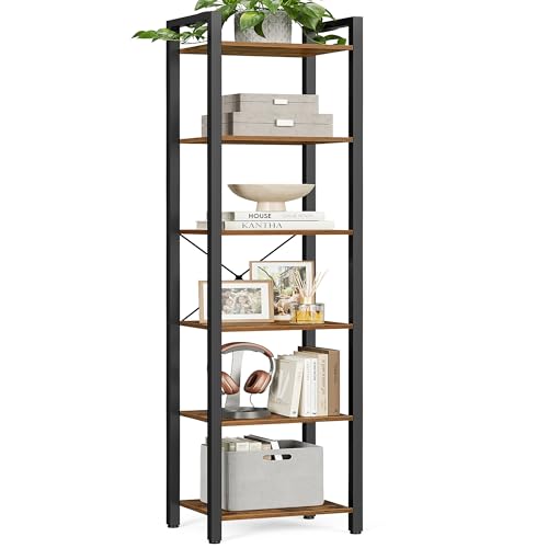 VASAGLE 6-Tier Bookshelf, Bookcase with Steel Frame | Book Shelf, 15.6 x 11.8 x 73.6 Inches, Living Room, Home Office, Rustic Brown and Matte Black, BARNET Collection ULLS101B01 - color: Rustic Brown + Ink Black, size: 6 Tiers (11.8"D x 15.7"W x 73.2"H)