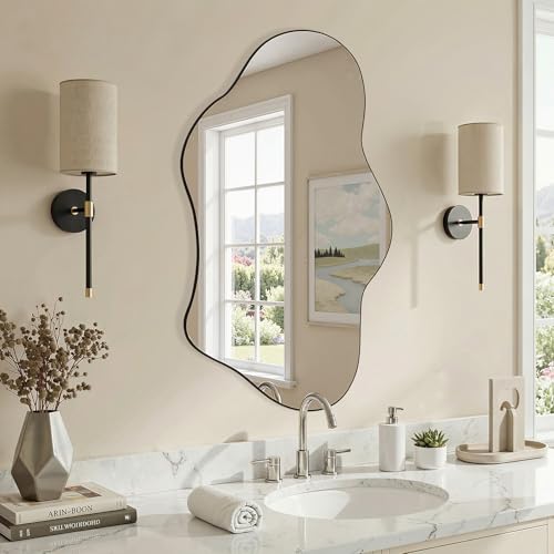 Irregular Wall Mirror, 22"x32" Wavy Cloud Bathroom Vanity Mirrors | Unique Asymmetrical Abstract Mirror with Tempered Glass for Bedroom, Living Room, Entryway, Hallway, Cloakroom - size: 32"L x 22"W