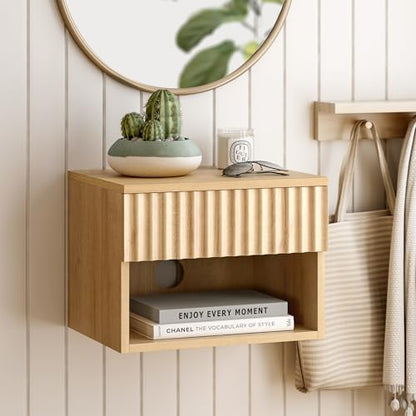 Small Floating Nightstand Set of 2, Modern Fluted Night Stand with Drawer and Open Storage Shelf Wall Mounted Bedside Tables Natural Oak - color: Natural Oak, size: 2 PCS