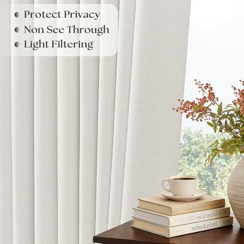 Ivory 112 Inch Pinch Pleated Semi Sheer Curtains 2 Panels Set | Off White, Memory Shape, Light Filtering Privacy, Linen Windows Curtain Drapes with Hooks Rings, for Living Room Bedroom - color: Ivory White, size: 40"W x 112"L (Pack of 2)