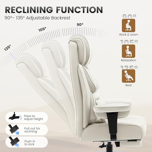 BestGlory Office Desk Chair, Big and Tall Leather Gaming Chair with Footrest, Ergonomic Comfy Executive High-Back Reclining Computer Chairs, Wide Swivel Rolling Wheels and Padded Lumbar Support, White - color: White, style: 3 Position Reclining