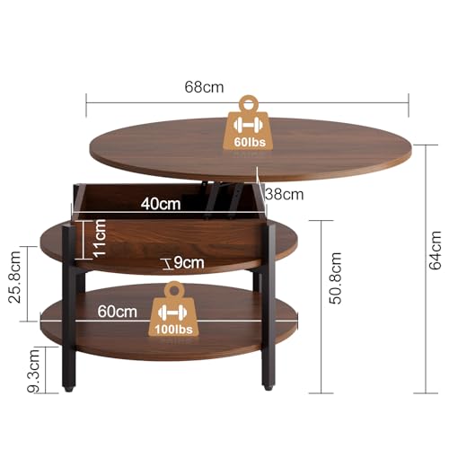 FABATO 26.77” Round Lift Top Coffee Table with Storage, Espresso | Farmhouse Coffee Table, 2 Tier Small Round Center Table, Center Table for Living Room, Circle Dining Table - color: Espresso