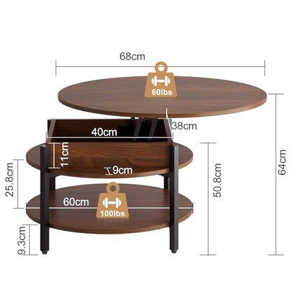 FABATO 26.77” Round Lift Top Coffee Table with Storage, Espresso | Farmhouse Coffee Table, 2 Tier Small Round Center Table, Center Table for Living Room, Circle Dining Table - color: Espresso