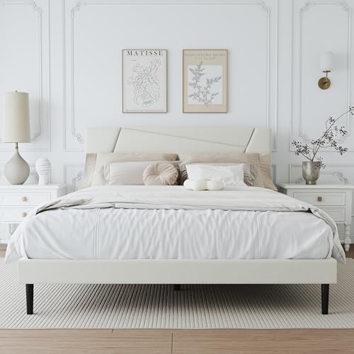 Queen Size Upholstered Bed Frame Frame with Headboard，Velvet Beige | Geometric Head Board Platform Bed, Sturdy Wooden Slats, Noiseless No Box Spring Required, Easy to Assemble - color: Beige, size: Queen