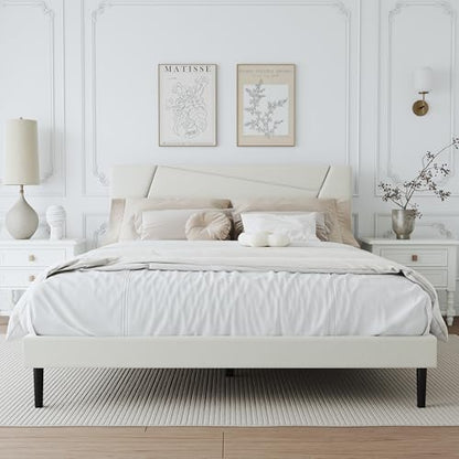 Queen Size Upholstered Bed Frame Frame with Headboard，Velvet Beige | Geometric Head Board Platform Bed, Sturdy Wooden Slats, Noiseless No Box Spring Required, Easy to Assemble - color: Beige, size: Queen