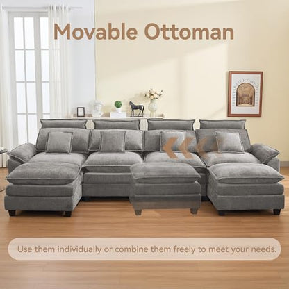 134'' Cloud Modern 4 Seater Couch with Detachable Headrest, Modular Sectional Sofa with 2 Ottoman, Oversized U Shape Chenille Comfy Sofa with Armrests for Living Room, Light Grey - color: Light Grey, size: U Shaped Couch