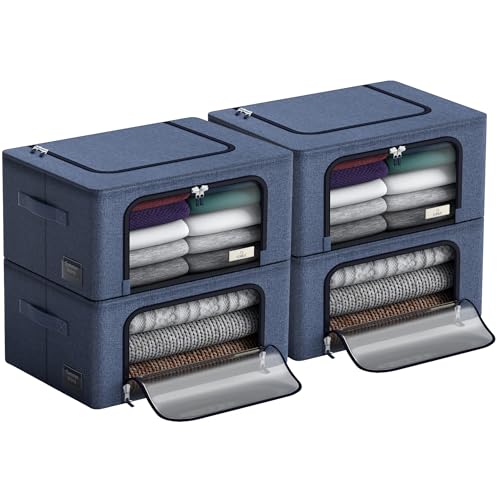Sorbus Storage Bins with Metal Frame - Stackable & Foldable Clothes Organizer Bags - Oxford Fabric Storage Containers with Large Clear Window & Carry Handles, Bedroom Organization for Bedding & Linen - color: Blue, size: 4 Pack