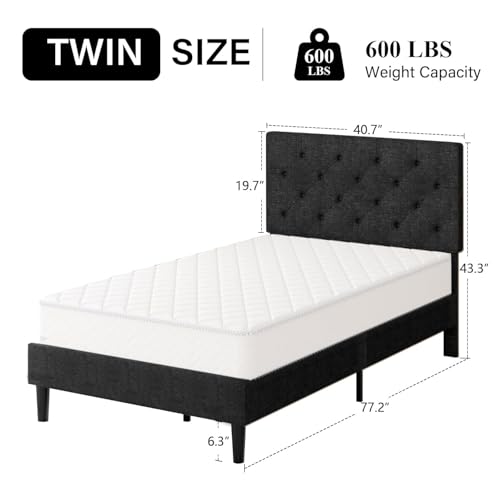 HOMBCK Twin Size Bed Frame with Adjustable Headboard, Linen Fabric Upholstered Bed Frame with Wood Slats, Twin Bed Frames for Kids, Button Tufted Design, No Box Spring Needed, Dark Grey - color: Dark Grey, size: Twin