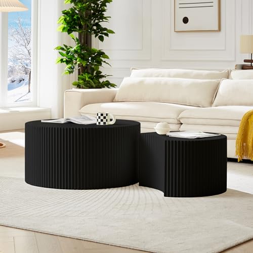 JUSTONE Set of 2 Nesting Coffee Table,Modern Round Wood Accent Side End Table for Living Room Bedroom and Entryway, Apartment,Round Coffee Tables for Small Spaces No Assembling (Black) - color: Round-black