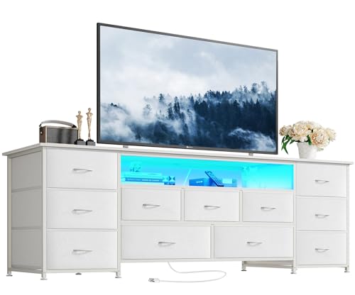 Huuger 63 Inch TV Stand for 65, 70 Inch TV, 11 Drawer Long Dresser with Power Outlets and LED Lights, Entertainment Center with Storage, White Dresser with PU Leather Surface - color: White, size: 13"D x 63"W x 26.8"H