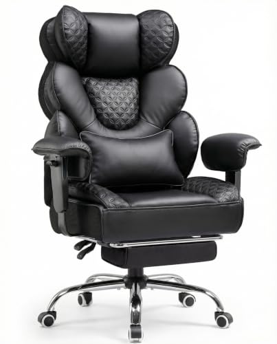 COMHOMA Big and Tall Office Chair with Upgrade Footrest, Heavy Duty Gaming Chair High Back Executive Chair with Spring Lumbar Support for Lower Back Pain Relief, 150°Reclining Adjustable Armrests - color: Black