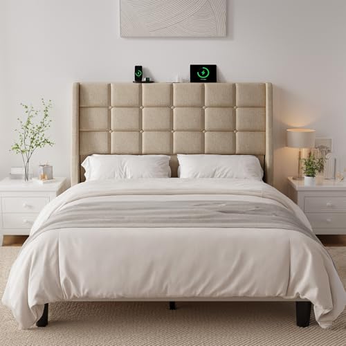 Ergonomic Upholstered Full Size Headboard w/Charging Station, Linen Wingback Headboards w/Storage Pocket, Full Headboard Only, Bed Frame Adapters, Sturdy Solid Wood Bed Head Board, Beige - color: Beige, size: Full