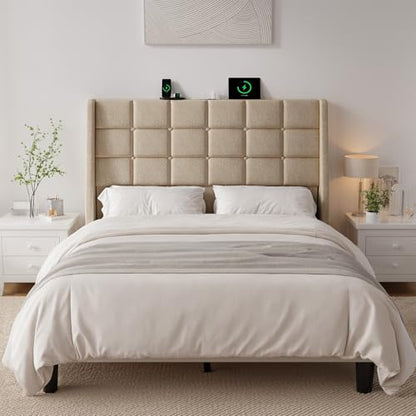 Ergonomic Upholstered Full Size Headboard w/Charging Station, Linen Wingback Headboards w/Storage Pocket, Full Headboard Only, Bed Frame Adapters, Sturdy Solid Wood Bed Head Board, Beige - color: Beige, size: Full