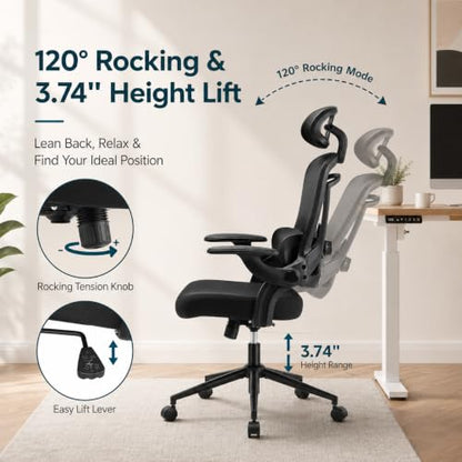 Ergonomic Office Chair, Home Office Desk Chairs with Adjustable Lumbar Support and Headrest, High Back Mesh Computer Desk Chair with 3D Flip-up Armrests & 360° Swivel Wheels, 275 LBS - color: Black With Lumbar Support