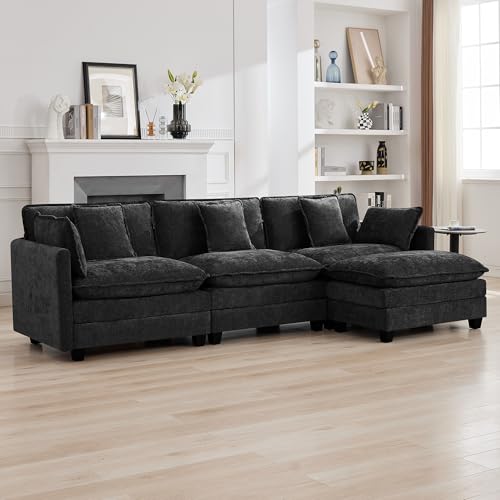 111'' Sectional Cloud Deep Seat Couch, Modern Comfy Chenille L Shaped Sectional Sofa for Living Room Set, Upholstered Modular 4-Seats Sofa Couch with 1 Movable Ottoman, Dark Grey - color: Dark Grey, size: 111'' L Shape