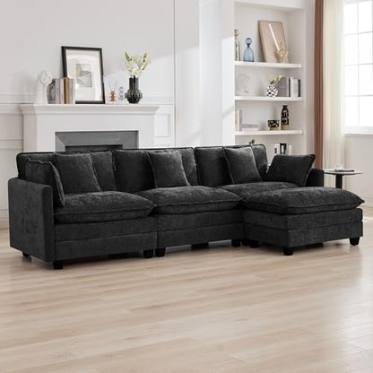 111'' Sectional Cloud Deep Seat Couch, Modern Comfy Chenille L Shaped Sectional Sofa for Living Room Set, Upholstered Modular 4-Seats Sofa Couch with 1 Movable Ottoman, Dark Grey - color: Dark Grey, size: 111'' L Shape