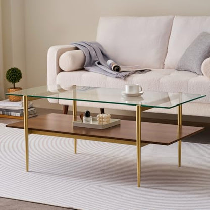 LumFurn Rectangle Coffee Table, Mid-Century Modern Design, L41 W21 x H17, for Living Room, 2-Tier Structure, Clear Glass Top and Walnut MDF Shelf, Sleek Conical Metal Legs with Gold Finish - color: L41" Clear & Walnut